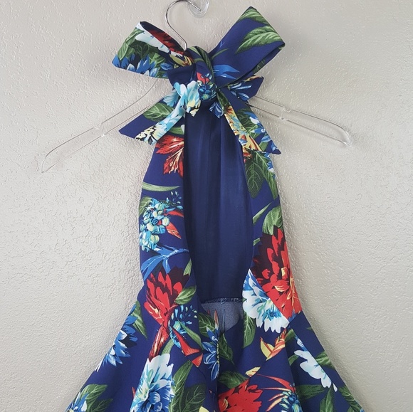 Verty Blue Tropical Floral Halter Dress with Bow S - Picture 3 of 8